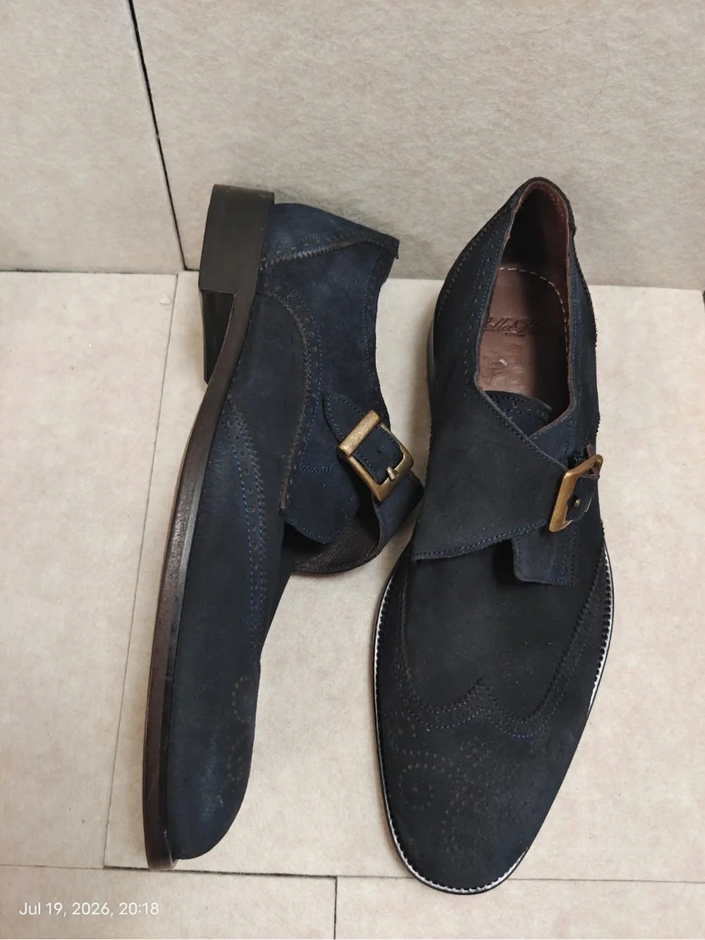 NWOB VELLAPAIS Dupone Brogue Monk Strap Shoe navy blue suede wingtip Mens Sz 9